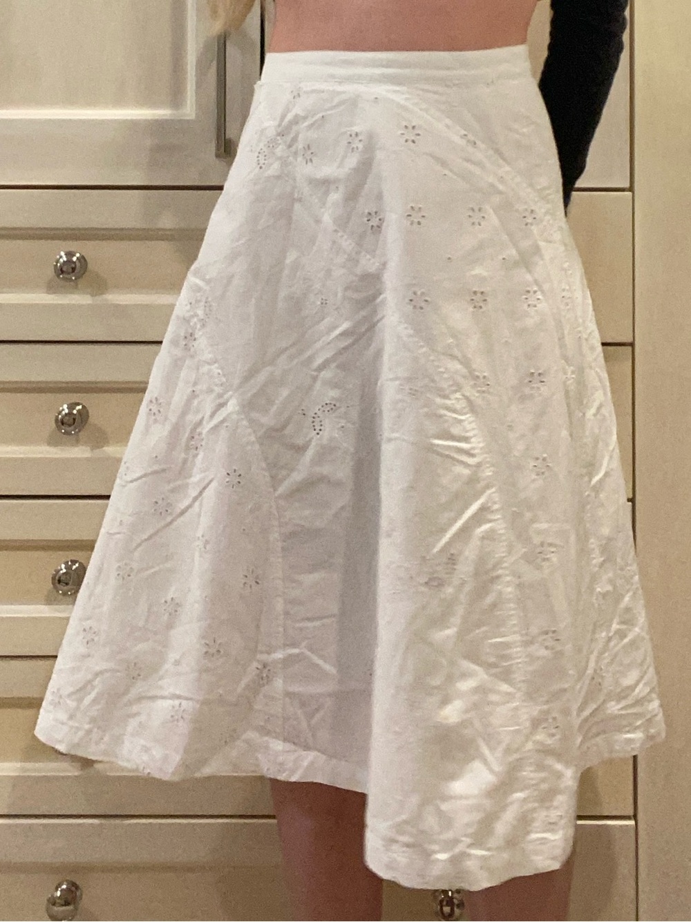 Cotton Embroidered Eyelet Midi Tea Length Skirt